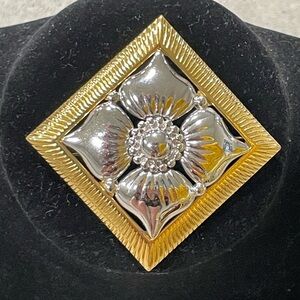 Vintage Monet Two Tone Brooch Floral Relief Pin Gold Silver Tones Mature